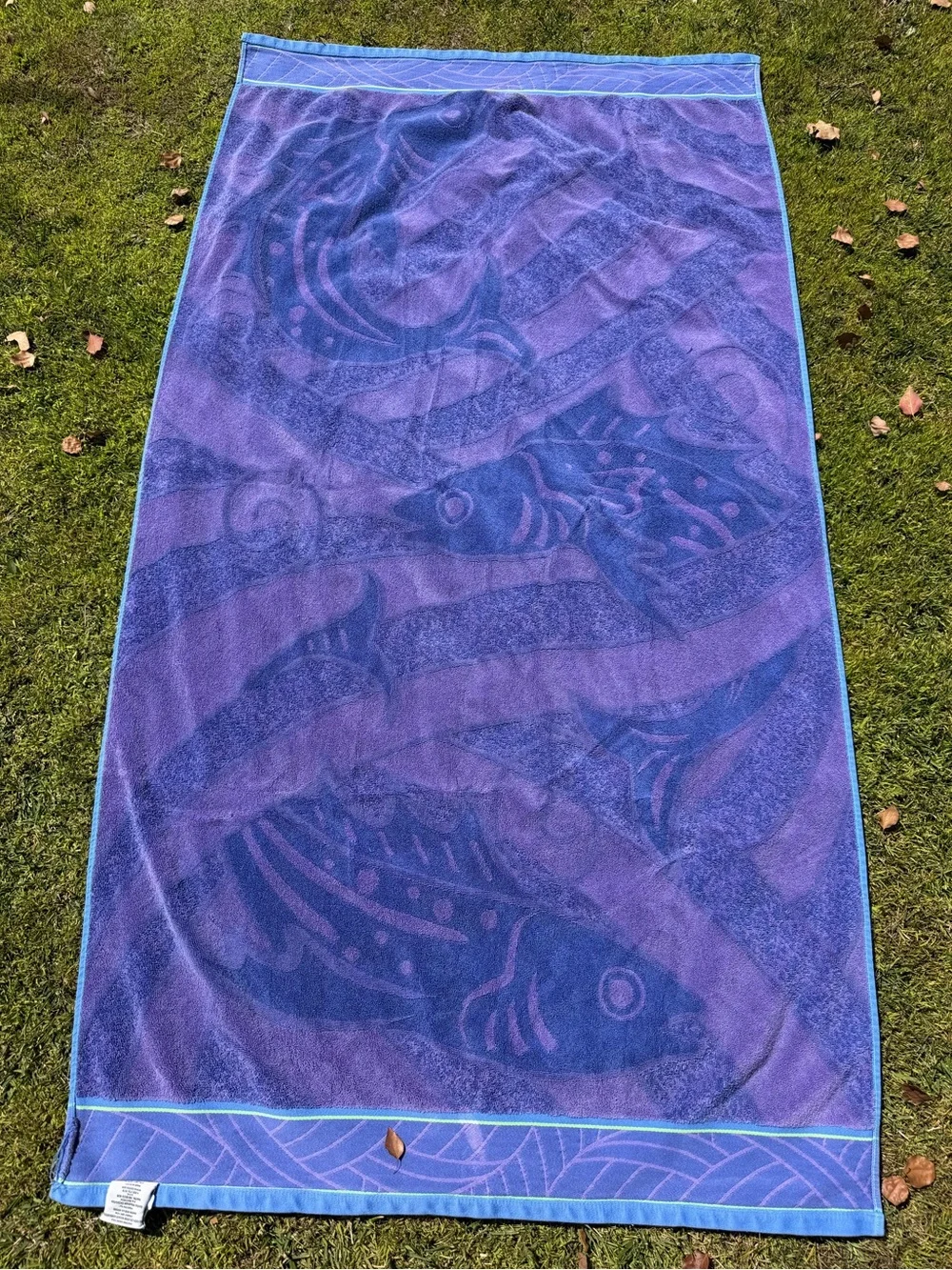 Kirkland Stylized Fish Waves Egyptian Cotton Large Beach Towel Blue Purple 36x66